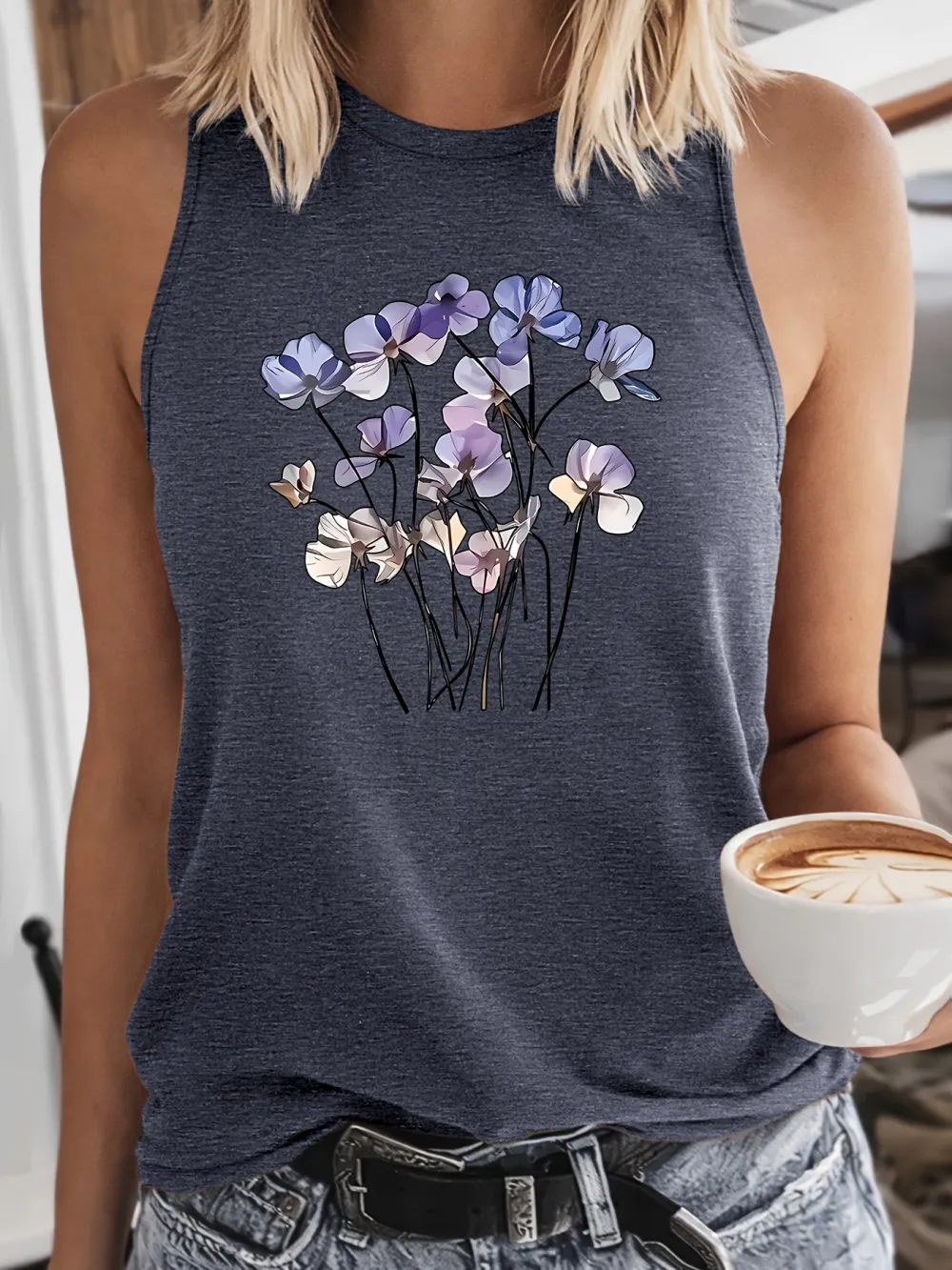 Vintage Purple Wildflower Print Tank Top