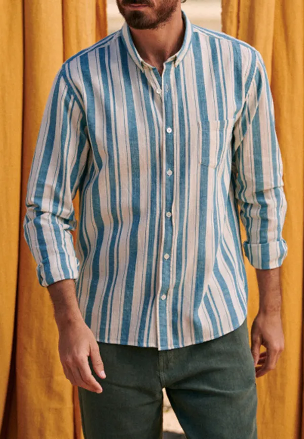 Cotton Linen  Shirt-Ecru Turquoise Stripes