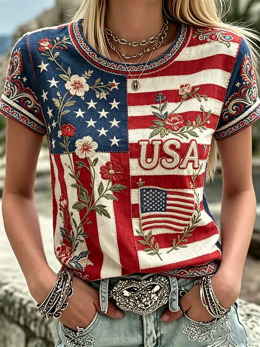 Women'S American Independence Day 250Th Anniversary Printed Short Sleeved T-Shirt