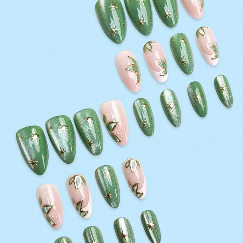 Nailhour 24Pcs French Medium Almond Gilded Autumn Press Cat Eye On Nails