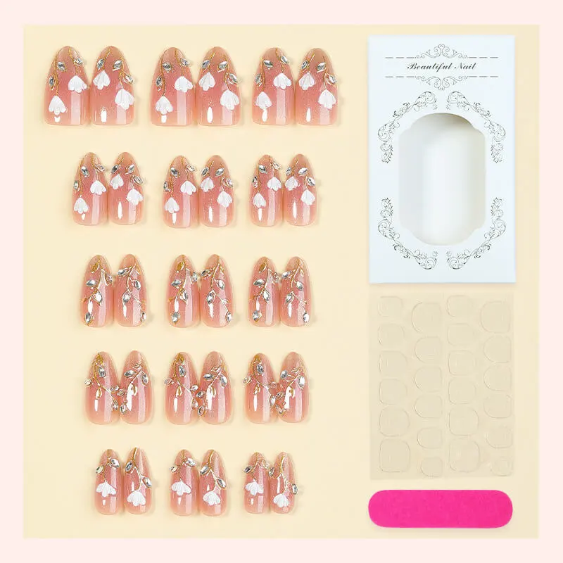 Nailhour 24Pcs Nude Floral Glitter Medium Almond Press On Nails