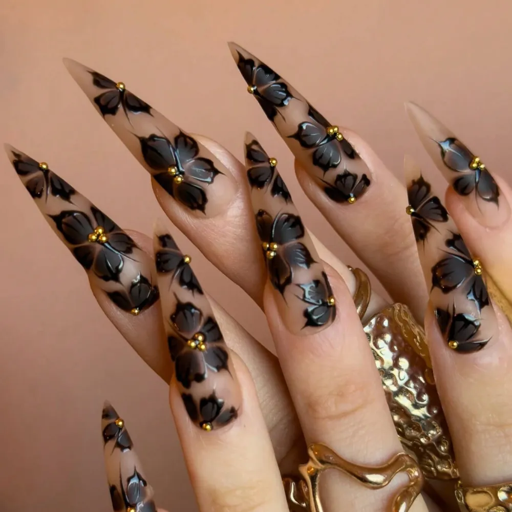 Nailhour 24Pcs Black Floral Extra Long Stiletto Press On Nails