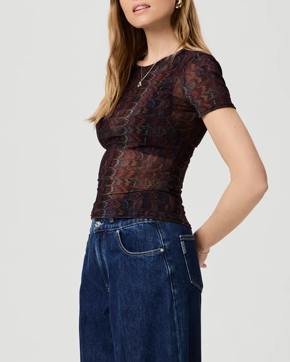 Navy Multi Sheer Fabric Short Sleeve Top