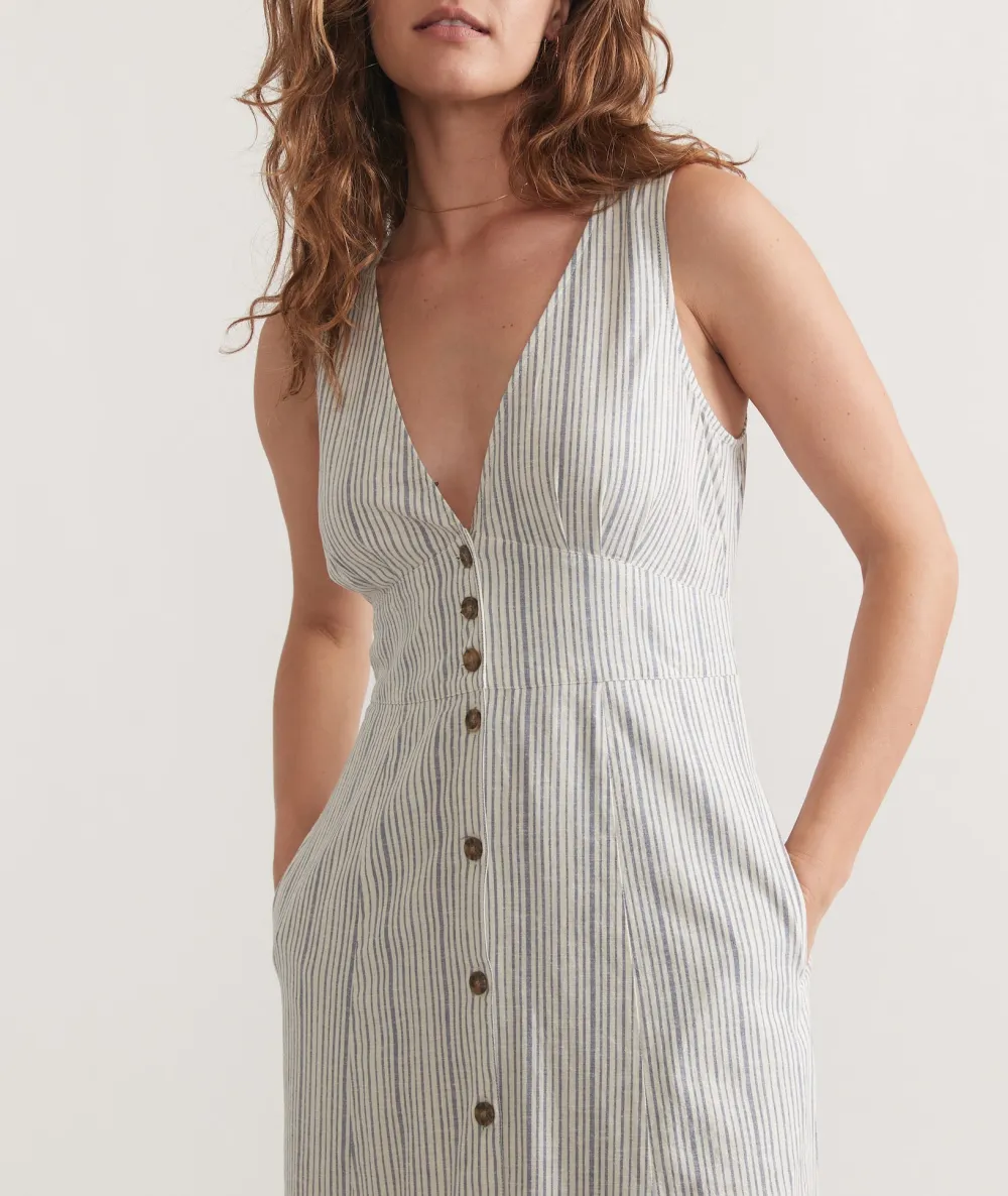 Striped Button-Front V-Neck Maxi Dress