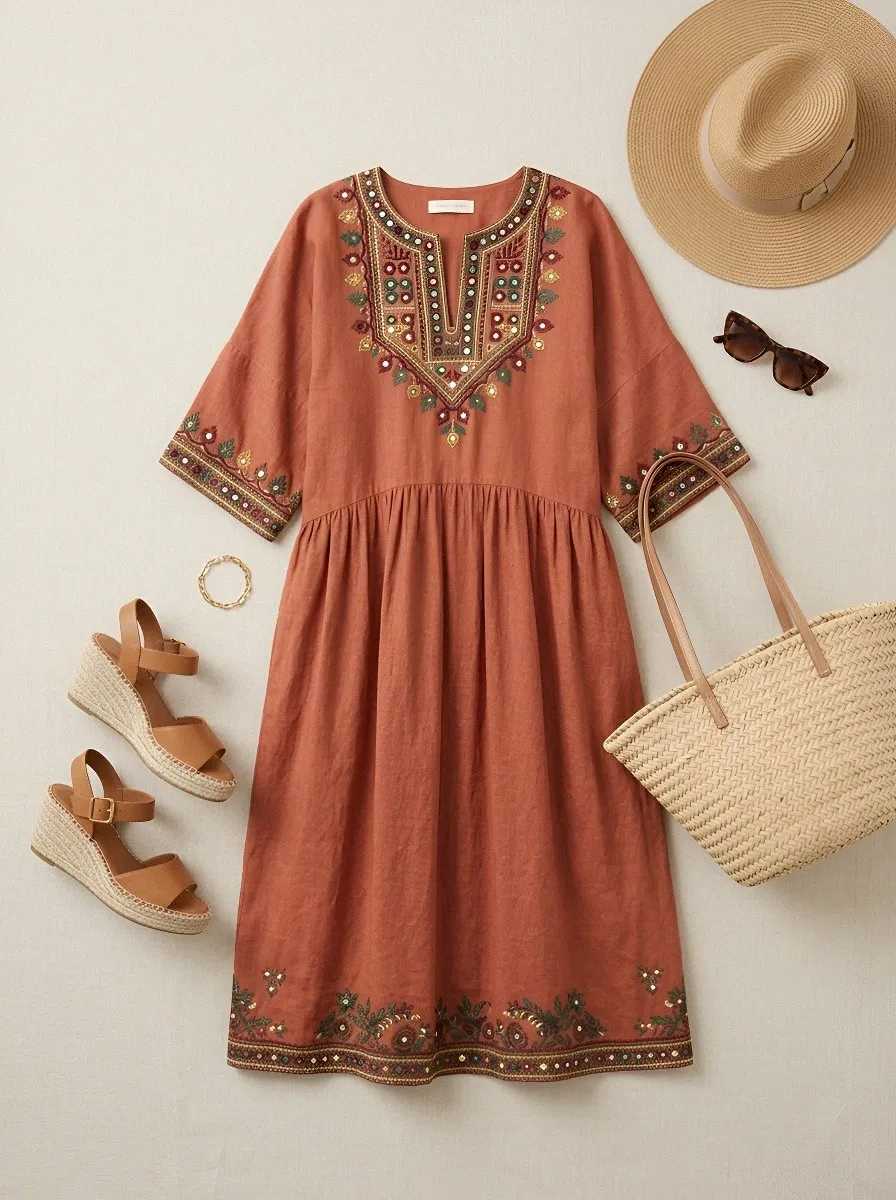 Women's Summer Vacation Lavender Floral Embroidered Lace Trimmed Dress