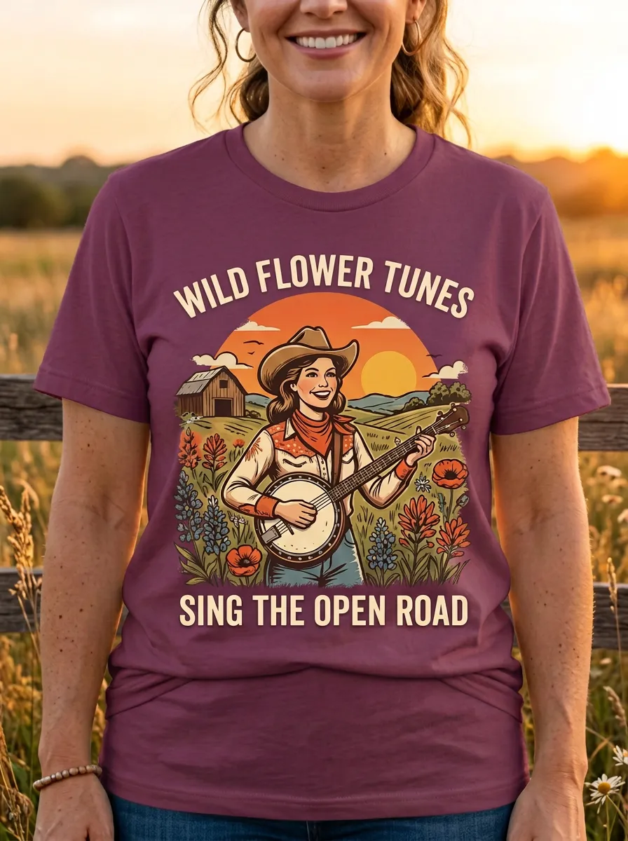 Western-Inspired Motif Women's Country Music Crew-Neck T-Shirt