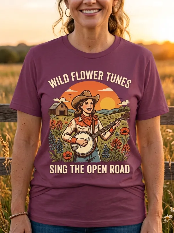Western-Inspired Motif Women's Country Music Crew-Neck T-Shirt