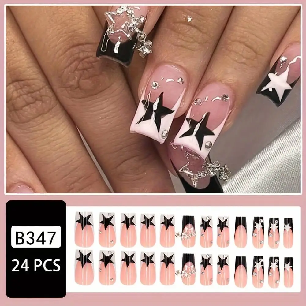 Nailhour 24Pcs Long Square Elegant Black Star Metal Press On Nails