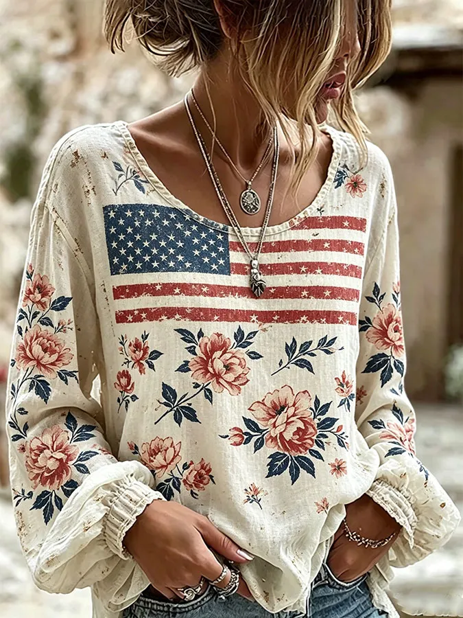 Women'S America Flag Printed Casual Cotton And Linen Top