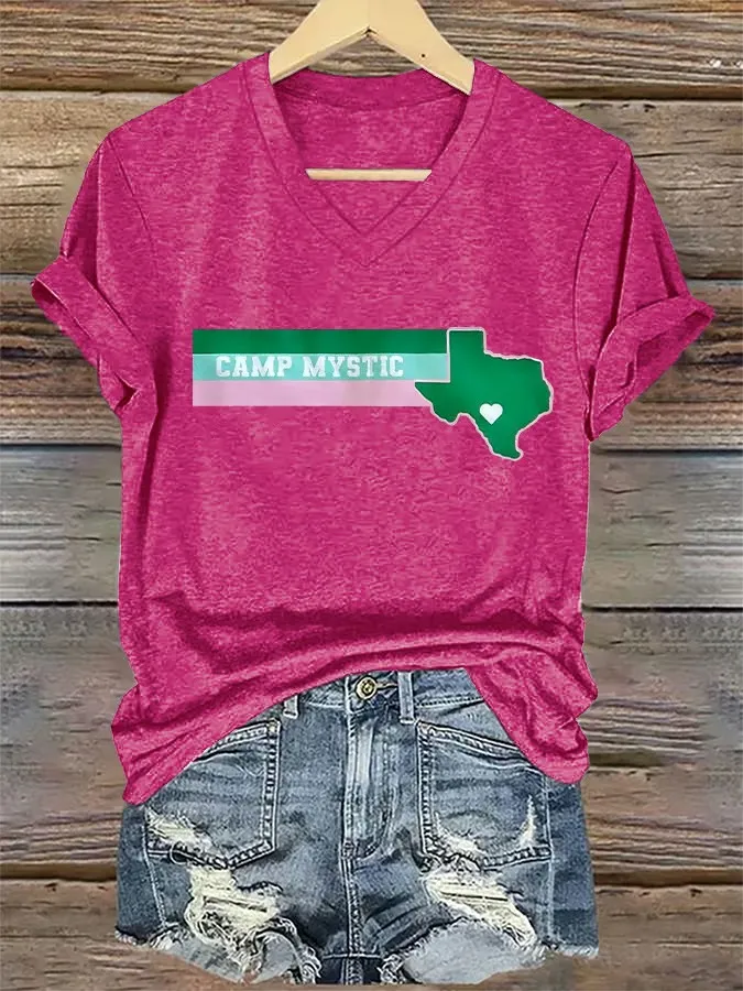 Women's Retro Camp Mystic Pink And Green Texas Strong Print T-Shirt