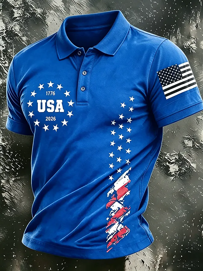 Men'S American Flag Print Casual Polo Shirt