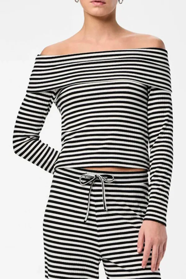 Striped Off The Shoulder Long Sleeve Tops