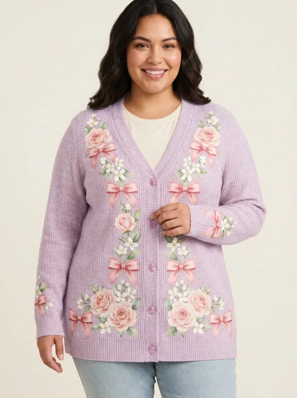 Women's Breast Cancer Awareness Pink Rose Bow Printed Cardigan