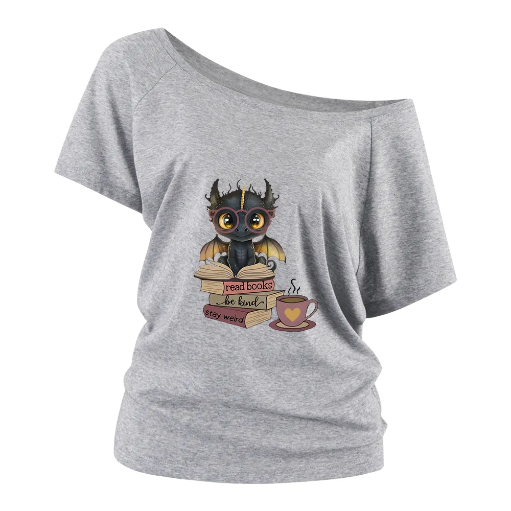 Dinosaur Book Prints Off Shoulder T-shirts