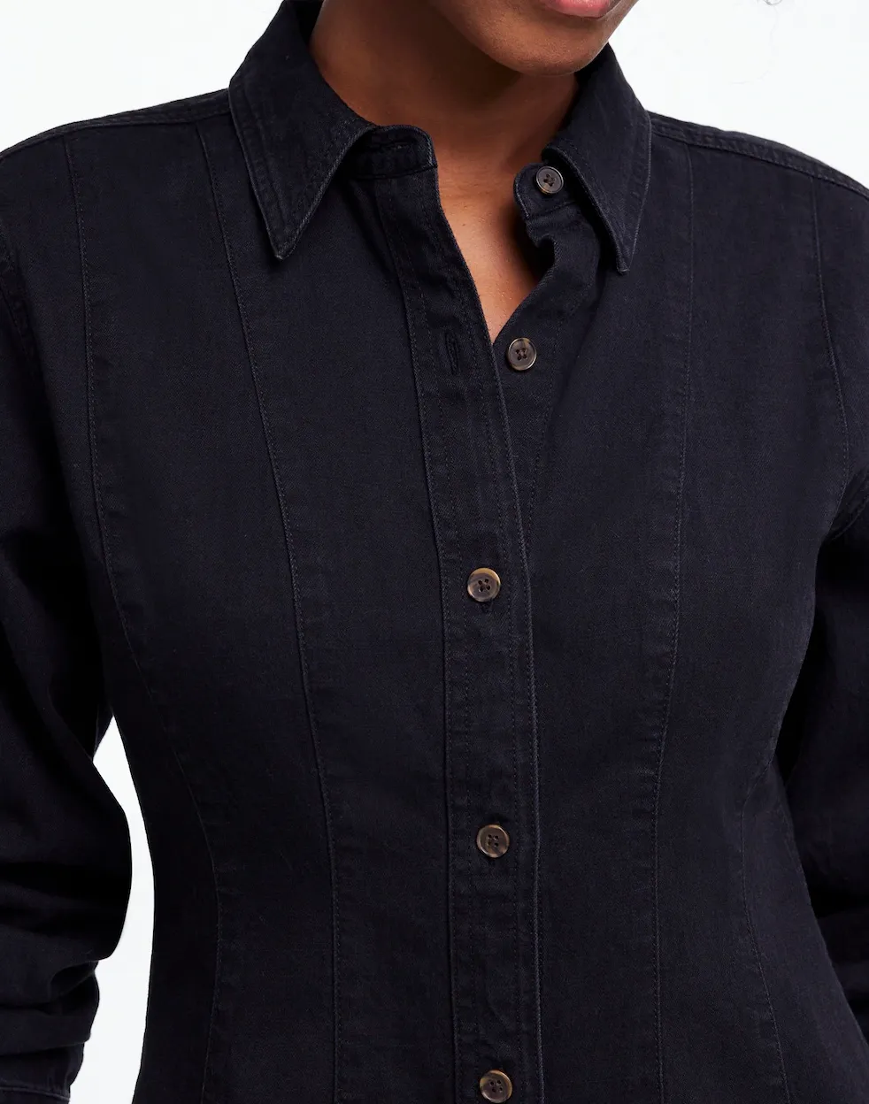 Denim Seamed Mini Dress In Washed Black