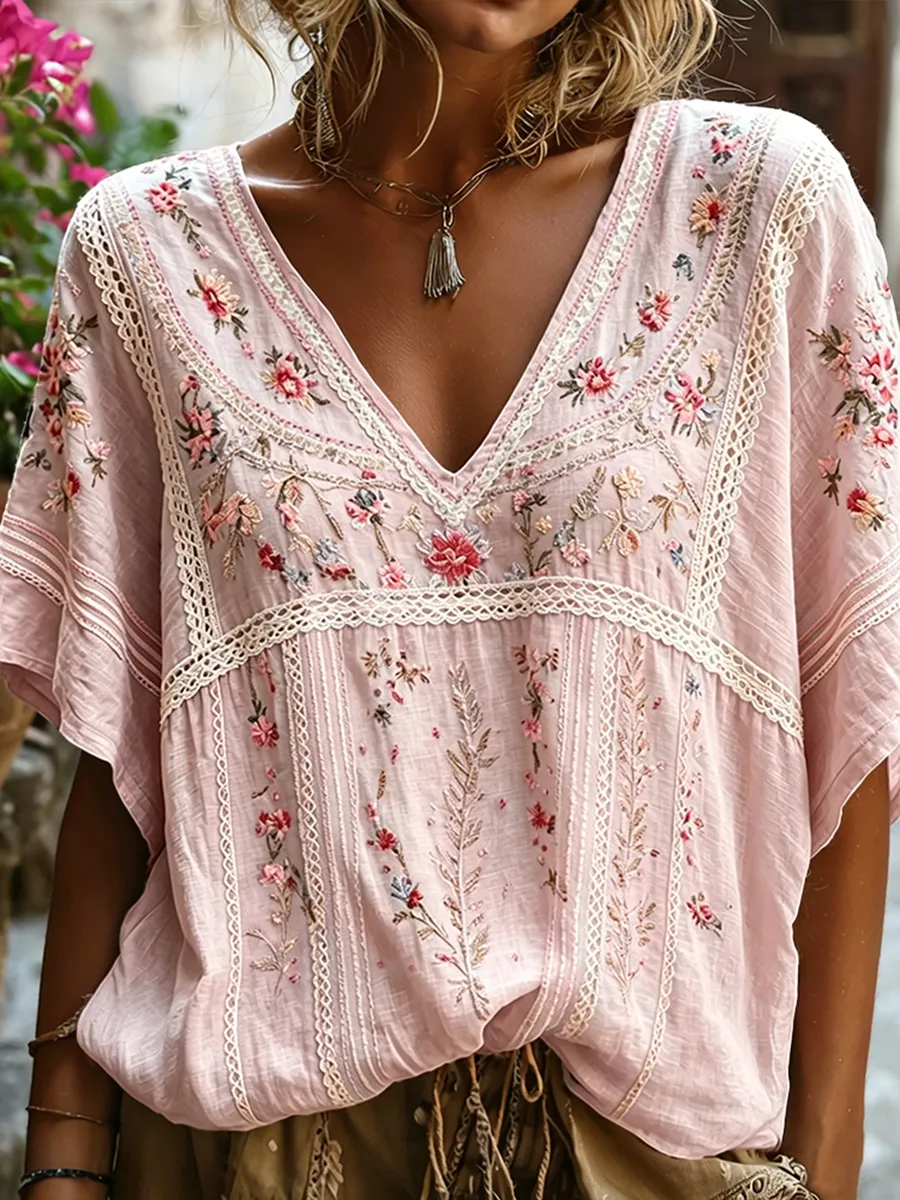Women's Boho Floral Embroidered Lace Trim V-Neck Blouse