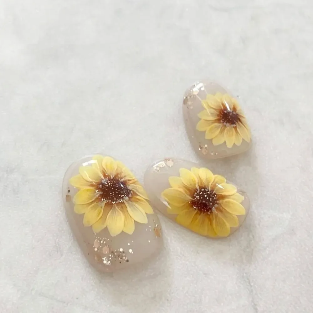 Nailhour 30Pcs Autumn Sunflower Cat Eye Medium Almond French Press On Nails