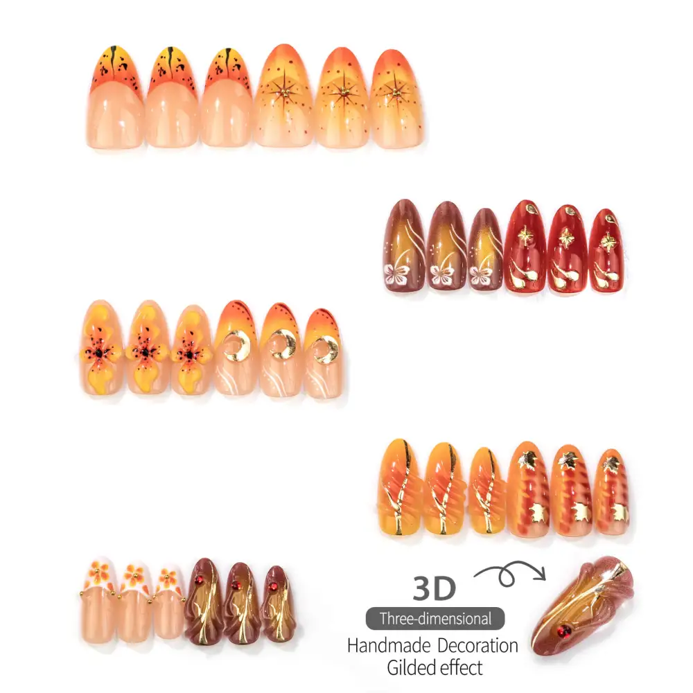 Nailhour 30Pcs Orange Cat Eye Medium Almond Press On Nails