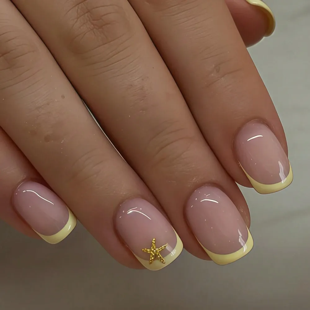 Nailhour 24Pcs French Short Square Starfish Ocean Press On Nails