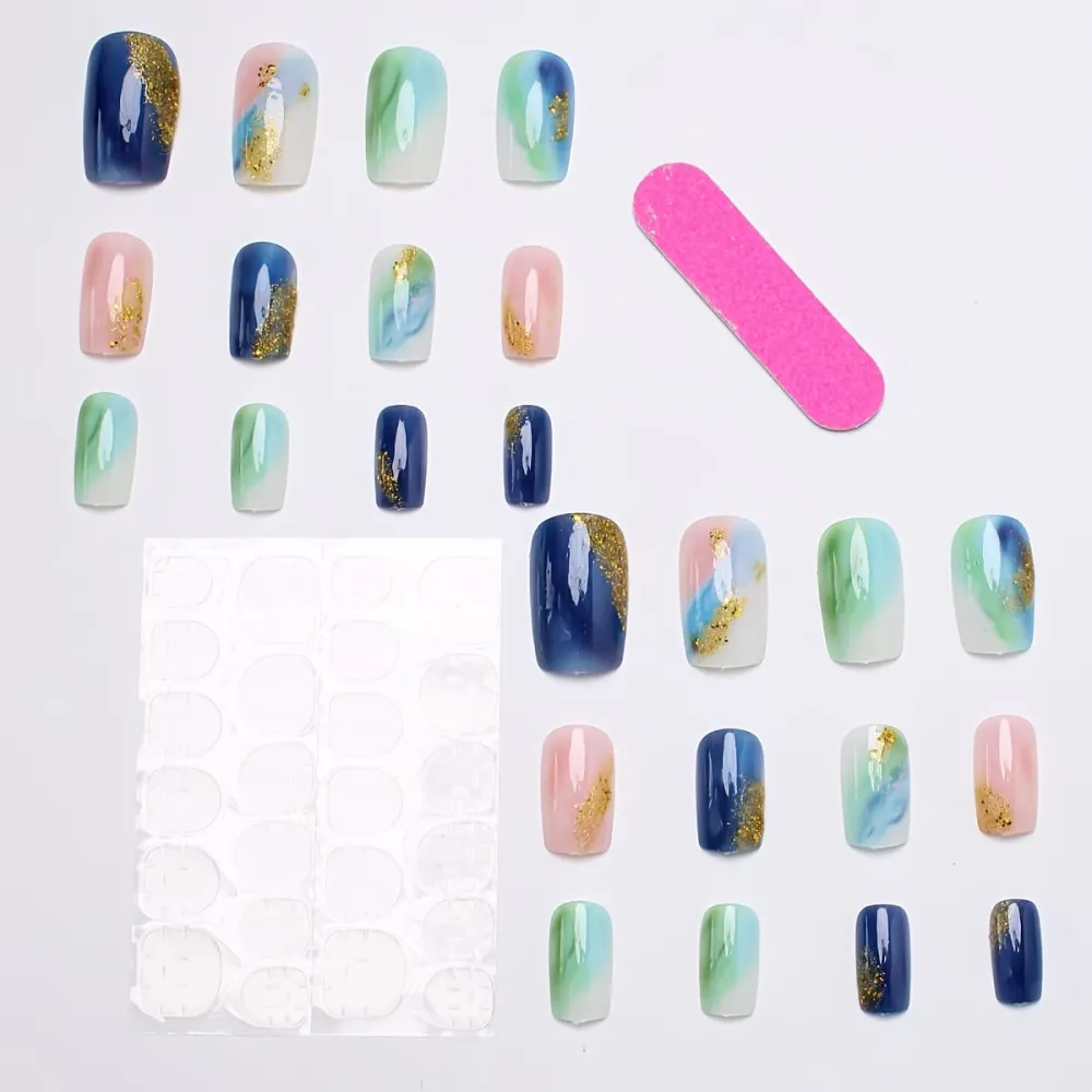 Nailhour 24Pcs Multicolor Glitter Gradient Medium Square Press On Nails