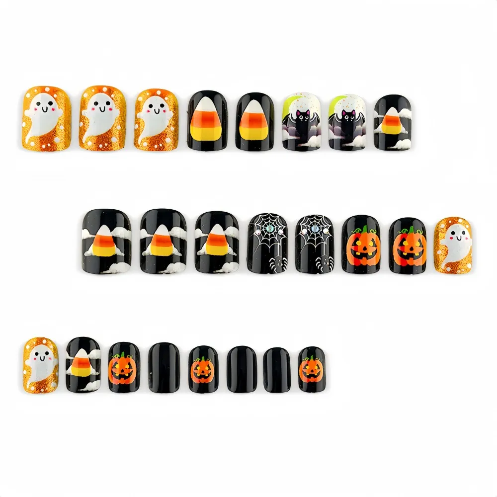 Nailhour 24Pcs Halloween Multicolor Glitter Cute Ghost Short Square Press On Nails