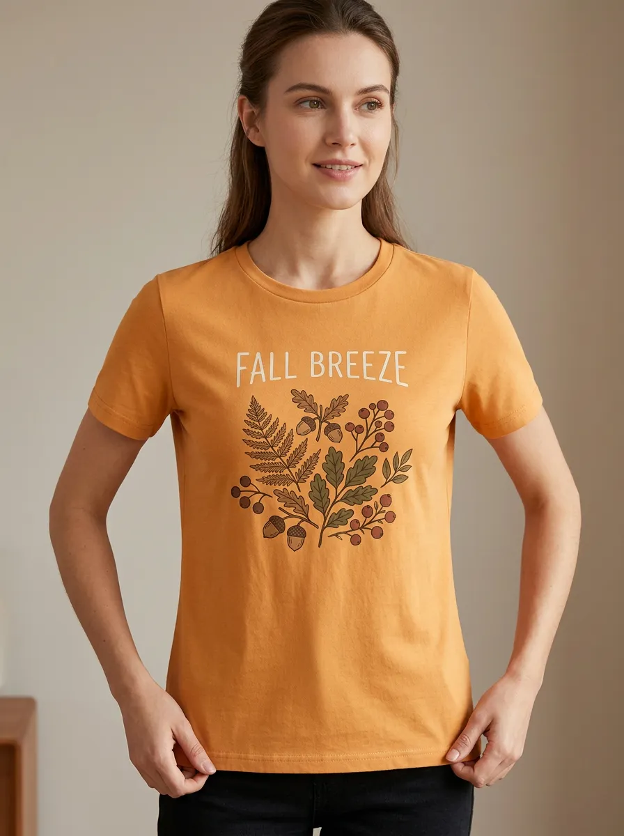 Botanical Acorn Leaf Printed Women's Graphic T-Shirt