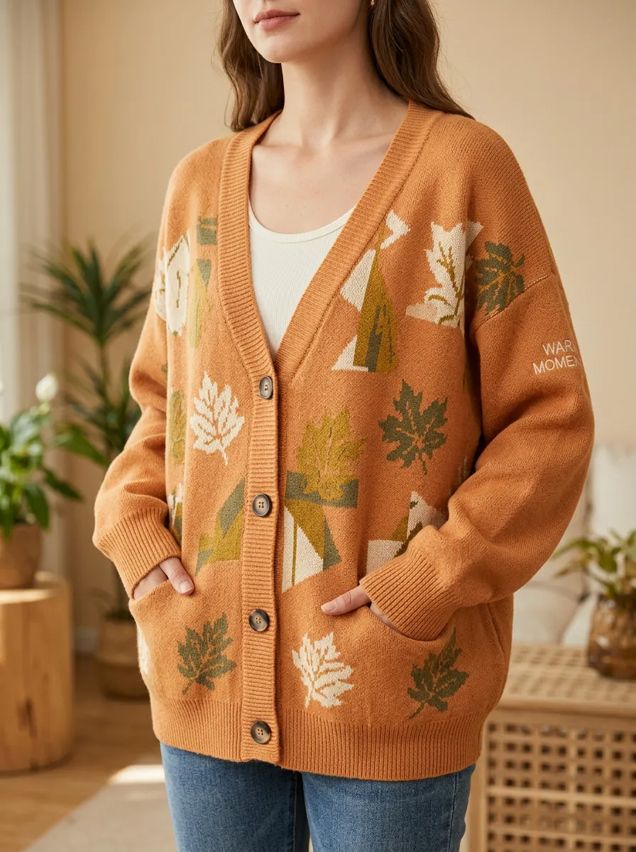 Everyday Maple Leaf Pattern Patterned Women's Knit Cardigan