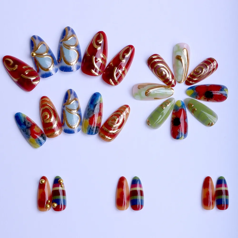Nailhour Colorful Pattern Spiral Oil Painting Artistic Multicolor 24 Pcs Almond Fake Nails