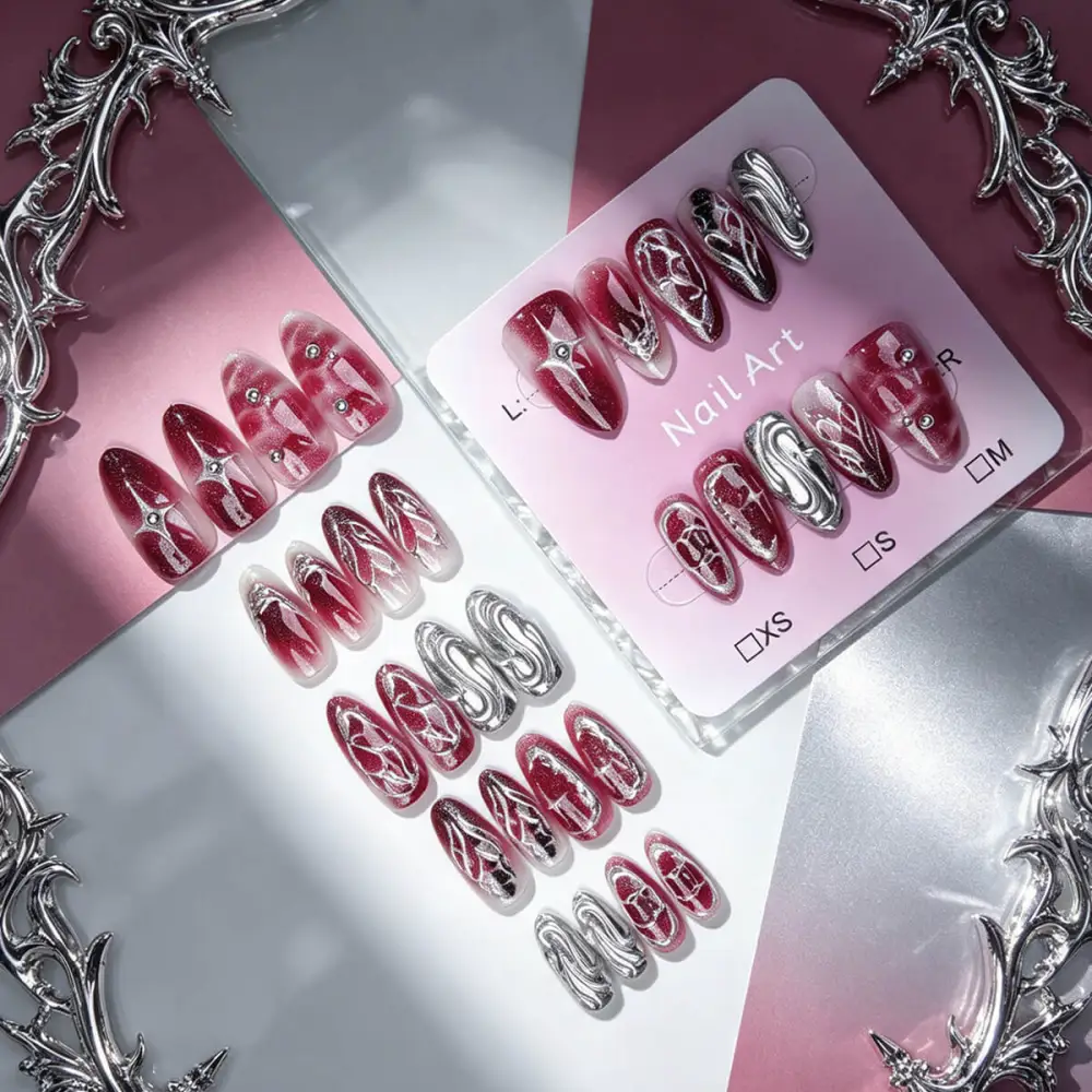 Nailhour 30pcs Cat Eye Chrome Medium Almond Press On Nails