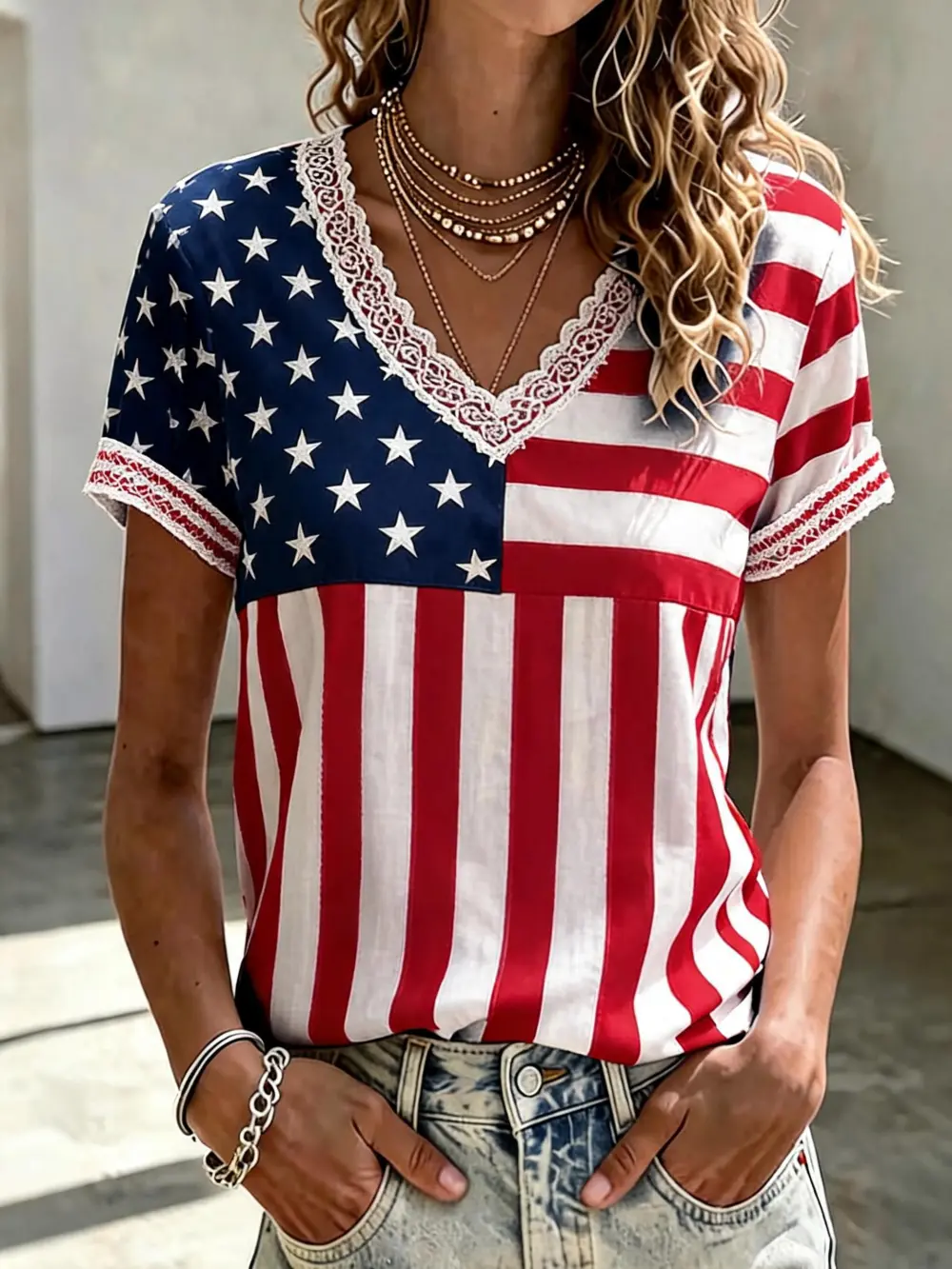 Women's Flower Independence Day Printed Casual T-shirt