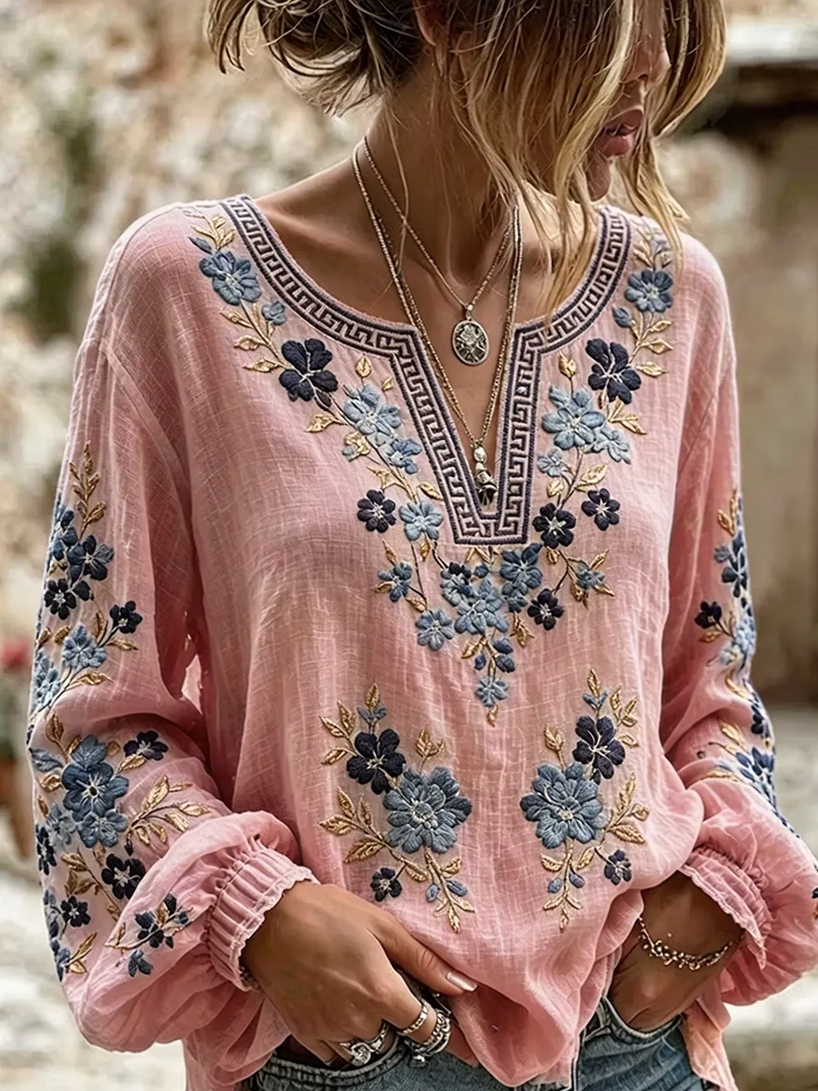 Women'S Cotton Linen Flower Imitation Printing Top