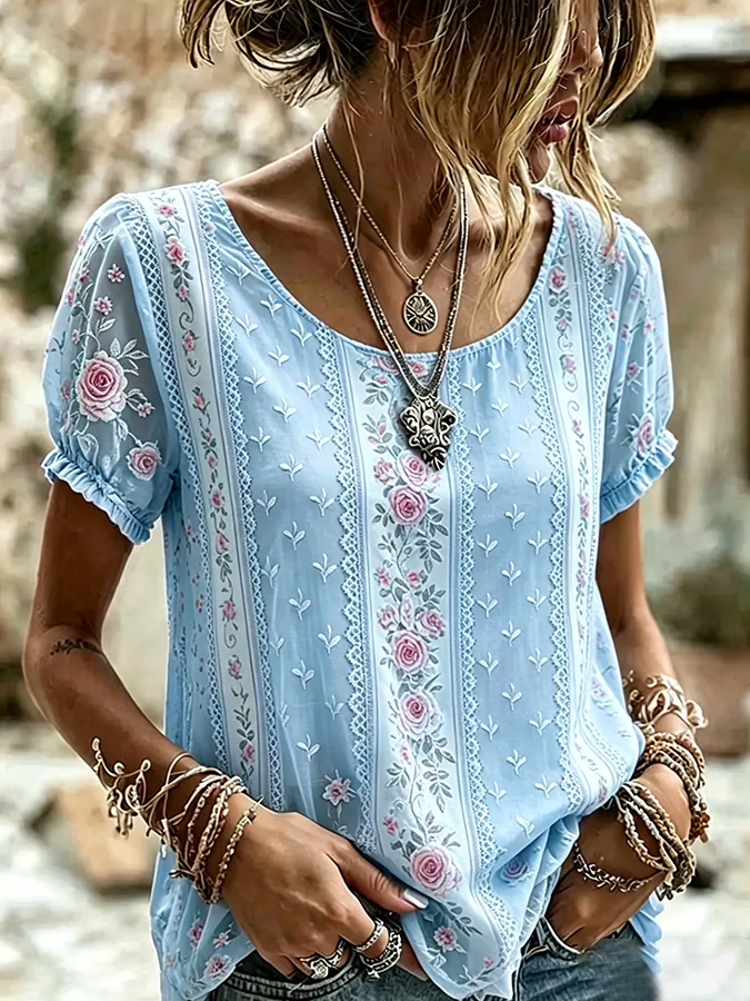 Women's Boho Floral Patchwork Embroidered Puff Sleeve Top