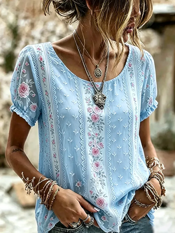 Women's Boho Floral Patchwork Embroidered Puff Sleeve Top