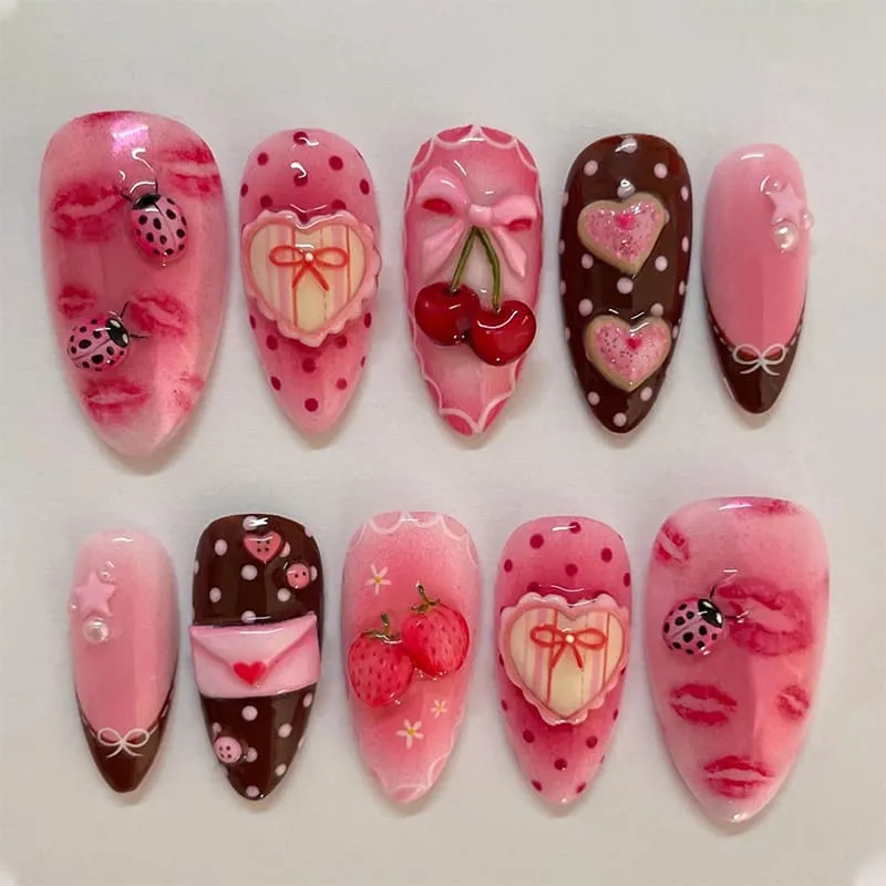 Nailhour 30Pcs Gradient Bow 3D Medium Almond French Press On Nails