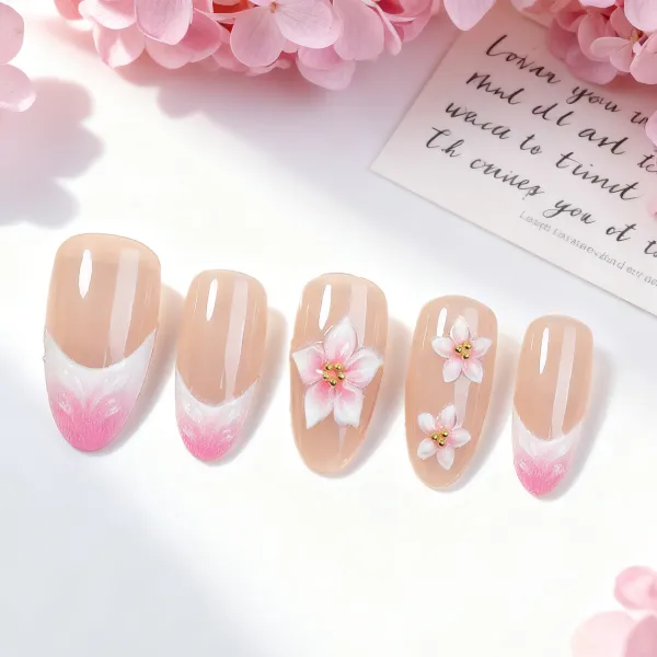 Nailhour 30Pcs Nude Gradient Floral Medium Almond Press On Nails