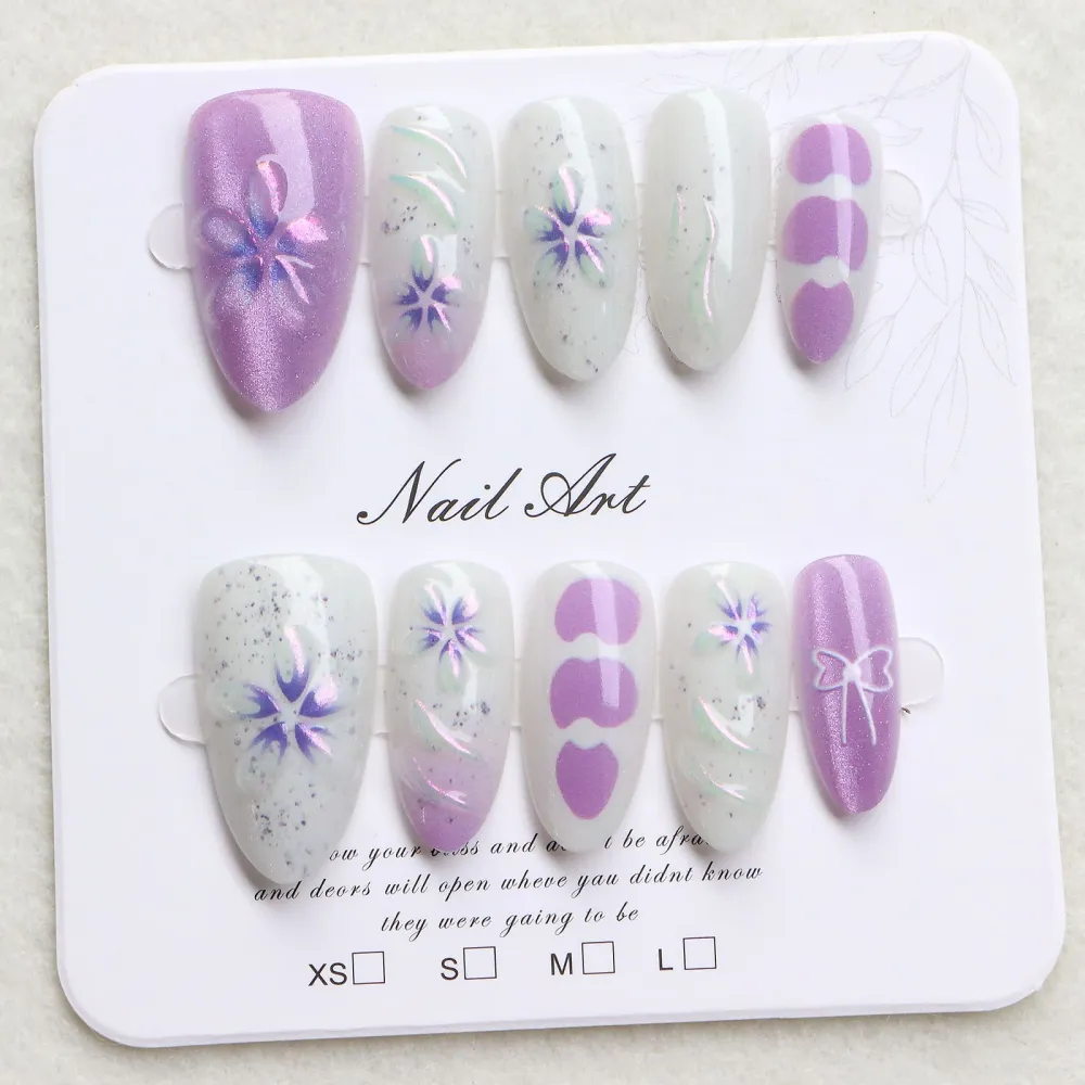Nailhour 10Pcs French 3D Purple Medium Almond Press On Nails