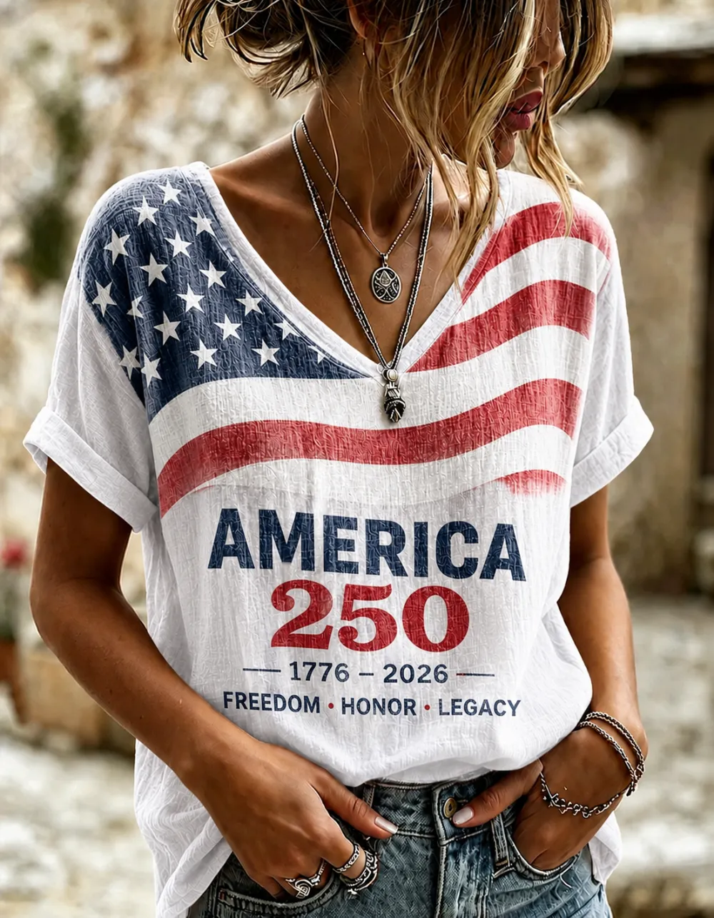 Women'S Retro Independence Day Printed Casual Short Sleeved T-Shirt