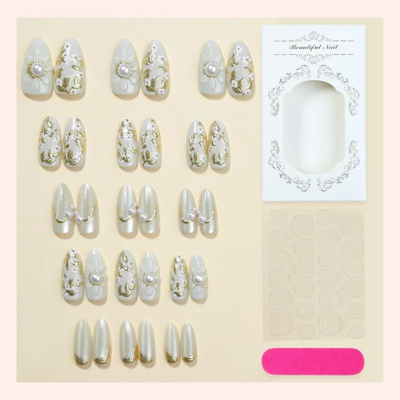 Nailhour 30Pcs Autumn French Nude Gilded Medium Almond Press On Nails