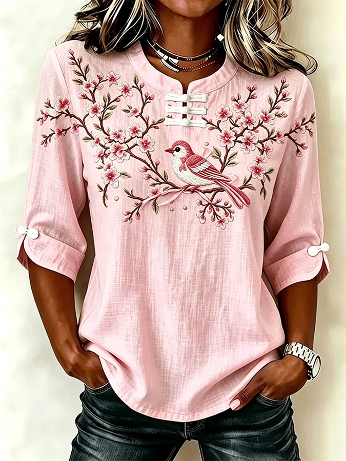 Women'S Retro Floral Bird Print Cotton And Linen Top