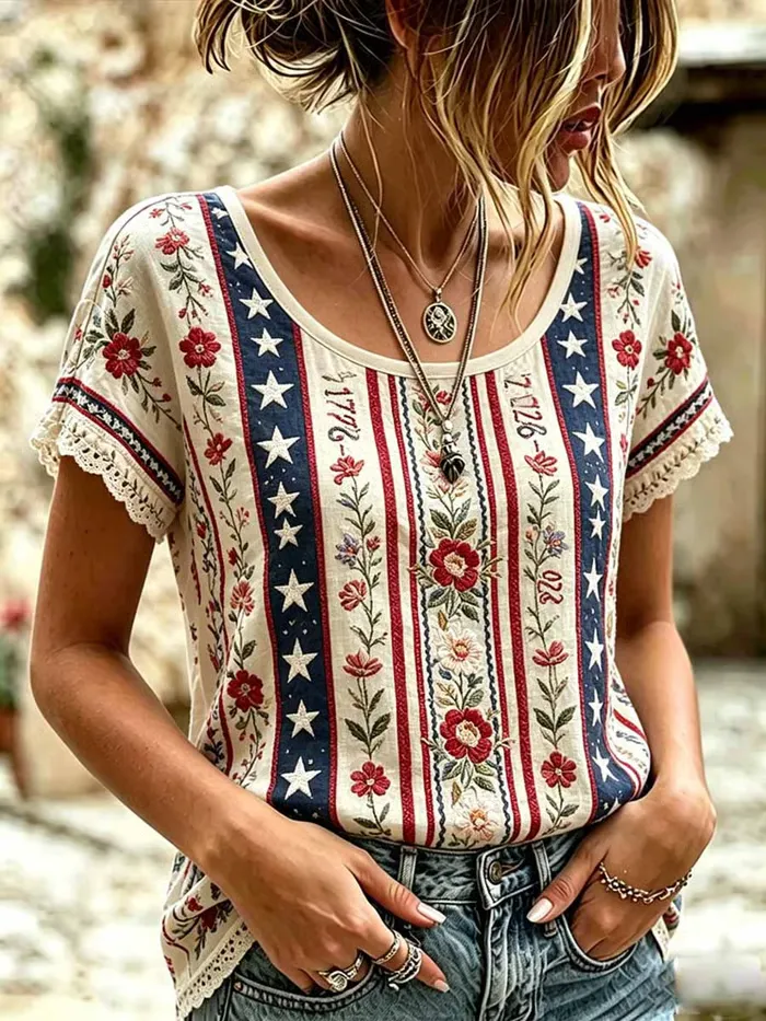 Women's 250th anniversary print cotton and linen round neck top