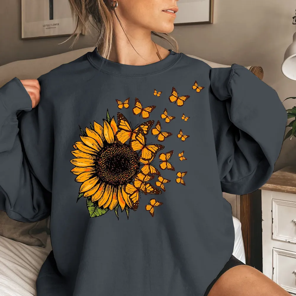 Sunflower Butterfly Accent Graphic Sweatshirts