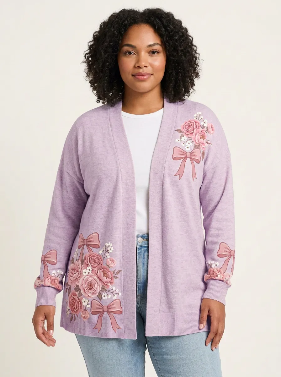 Women's Breast Cancer Awareness Pink Rose Bow Printed Cardigan
