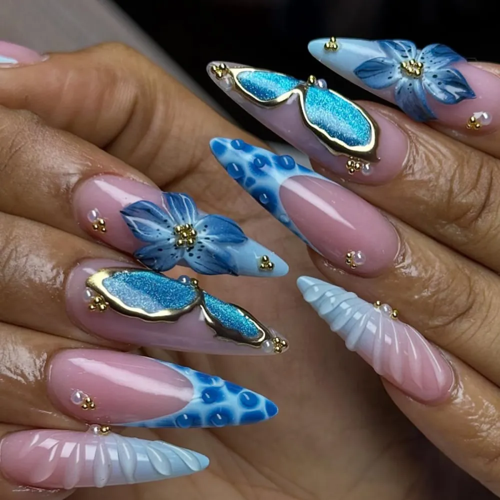 Nailhour 24Pcs Blue 3D Gilded  Long Almond Press On Nails