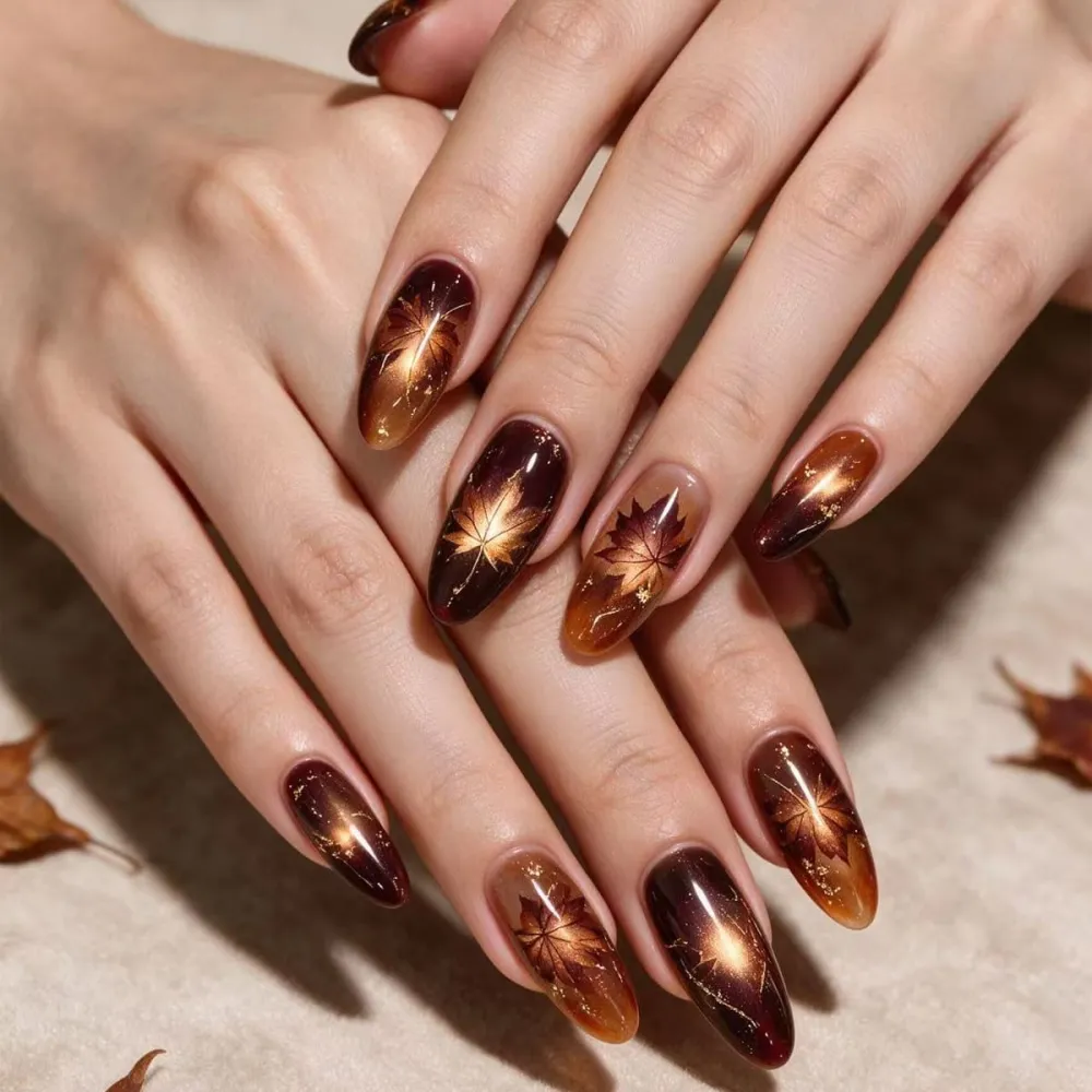Nailhour 24Pcs Thanksgiving Brown Gradient Medium Almond French Press On Nails
