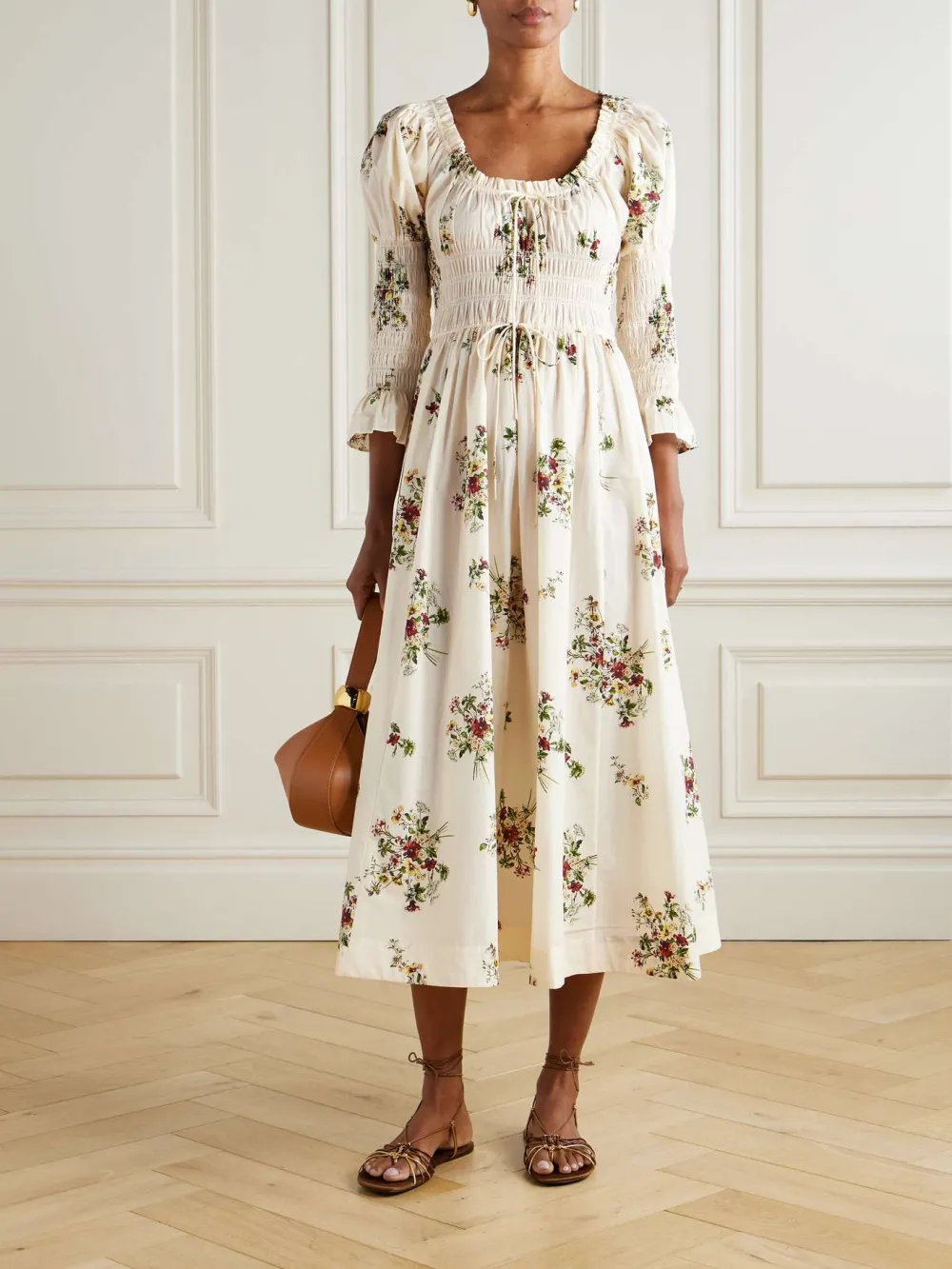 Smocked Print Midi Dress
