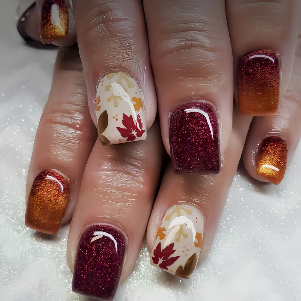 Nailhour 24Pcs Autumn Glitter Short Square Press On Nails