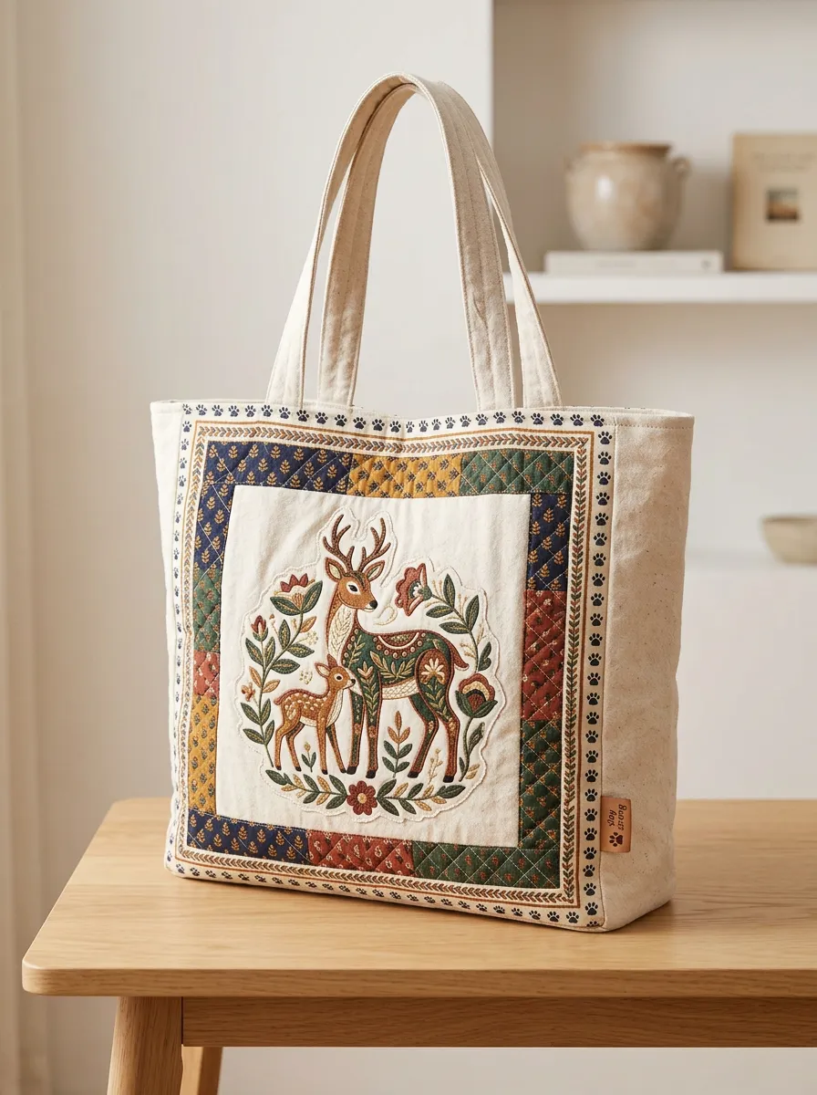 Nature Lover Deer Floral Patchwork Printed Tote Bag