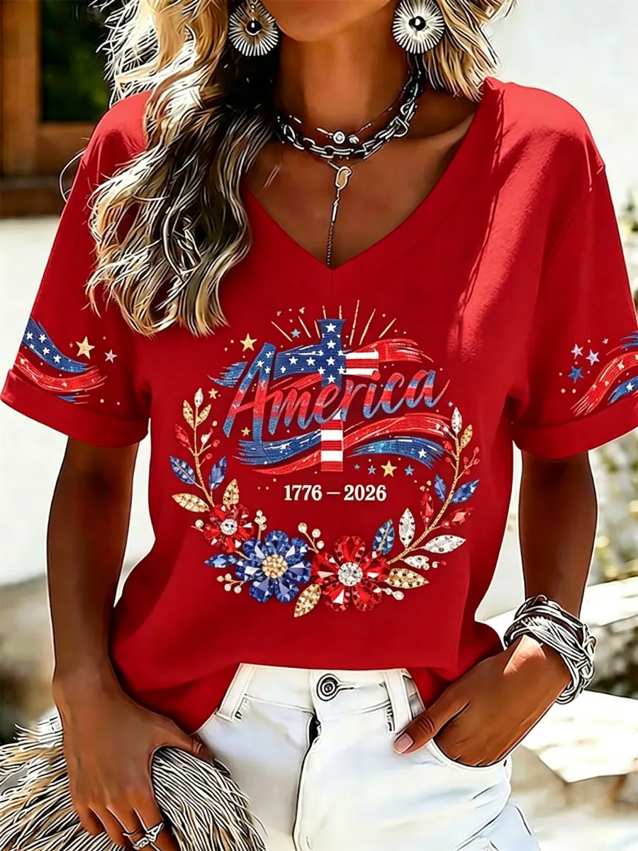Women'S Casual American 250Th Anniversary Printed Short-Sleeve T-Shirt