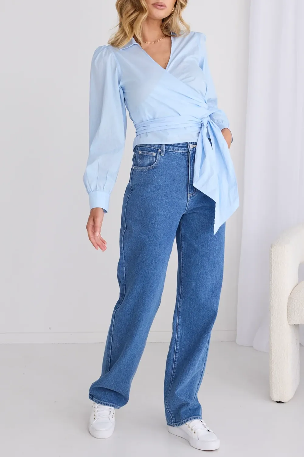 Light Blue Wrap Front Long - Sleeve