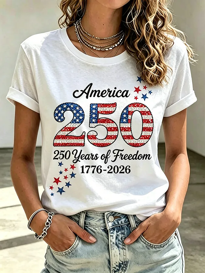Ladies' Casual American 250Th Anniversary Sequin Personalized Printed Round Neck Short Sleeved T-Shirt